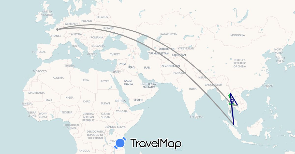 TravelMap itinerary: driving, bus, plane, train, hiking in France, Cambodia, Malaysia, Thailand (Asia, Europe)